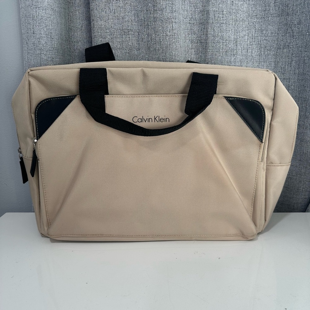 Calvin Klein Tan and Black Laptop Bag with Sturdy Fabric